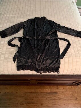 Black Lace-Trim Satin Robe - Women Intimates